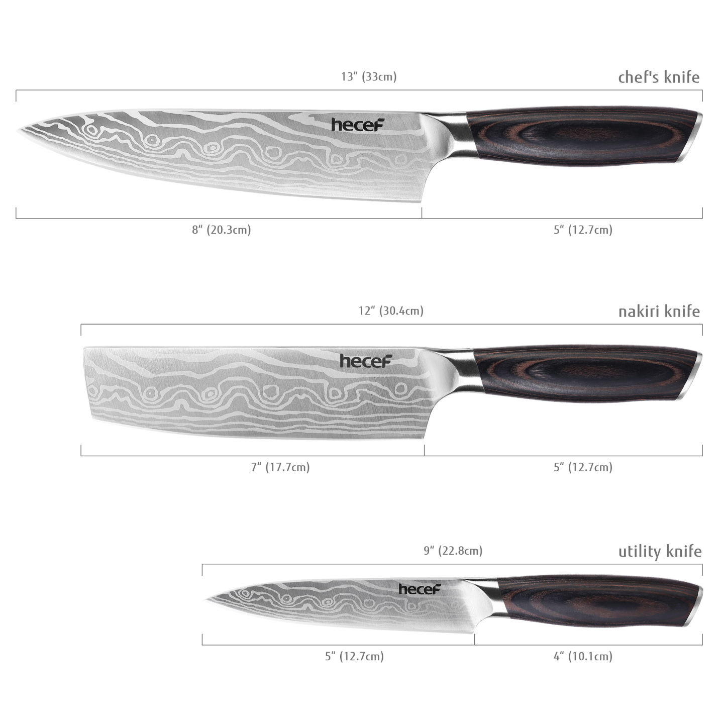 hecef 3PCS Professional Knife Set Stainless Steel Ergonomic wood Handle Laser Damascus Pattern Extra Sharp and Versatile, For Chef, Nakiri & Utility Knife, Perfect for all Kitchen Tasks