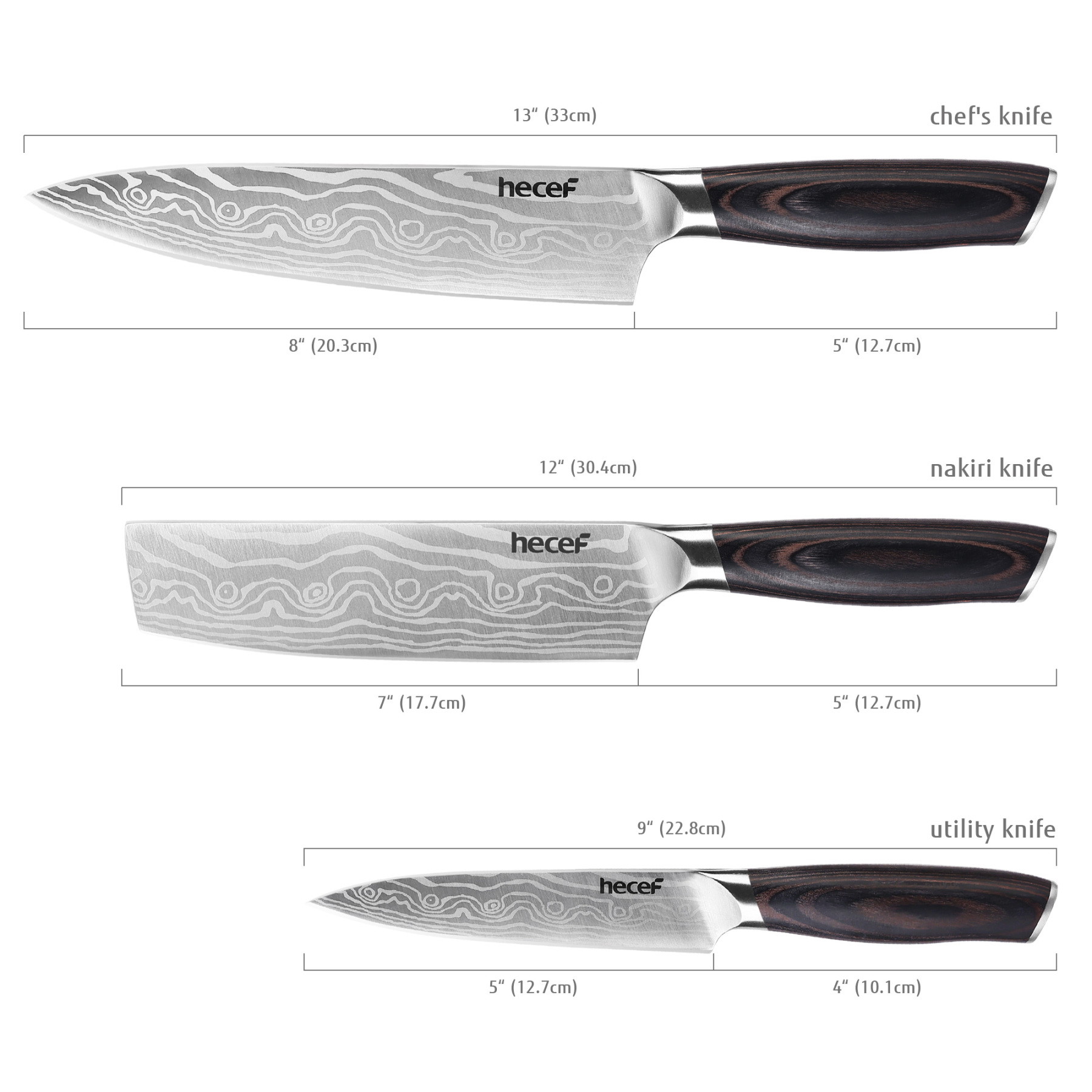 hecef 3PCS Professional Knife Set Stainless Steel Ergonomic wood Handle Laser Damascus Pattern Extra Sharp and Versatile, For Chef, Nakiri & Utility Knife, Perfect for all Kitchen Tasks