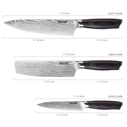 hecef 3PCS Professional Knife Set Stainless Steel Ergonomic wood Handle Laser Damascus Pattern Extra Sharp and Versatile, For Chef, Nakiri & Utility Knife, Perfect for all Kitchen Tasks