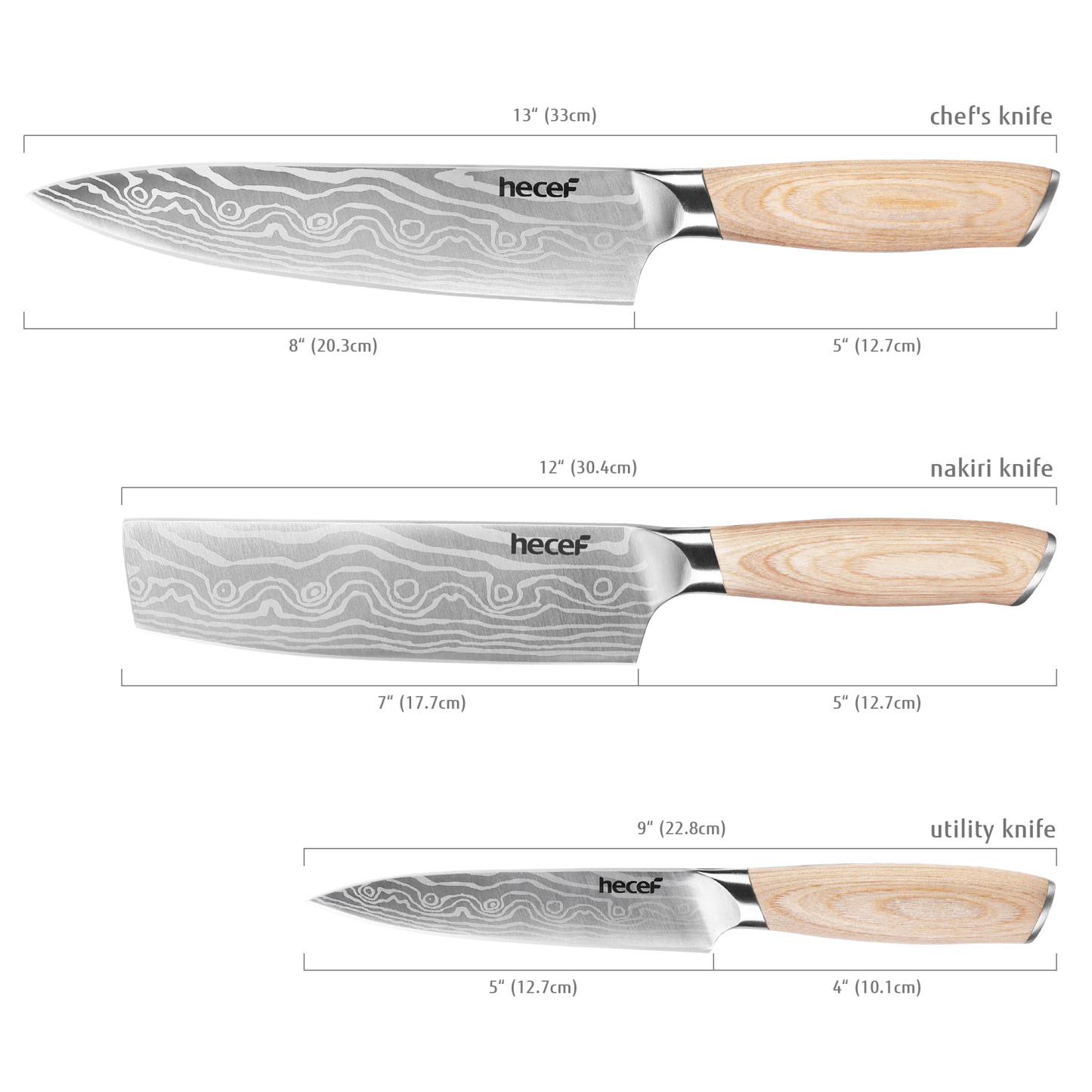 hecef 3PCS Professional Knife Set Stainless Steel Ergonomic wood Handle Laser Damascus Pattern Extra Sharp and Versatile, For Chef, Nakiri & Utility Knife, Perfect for all Kitchen Tasks