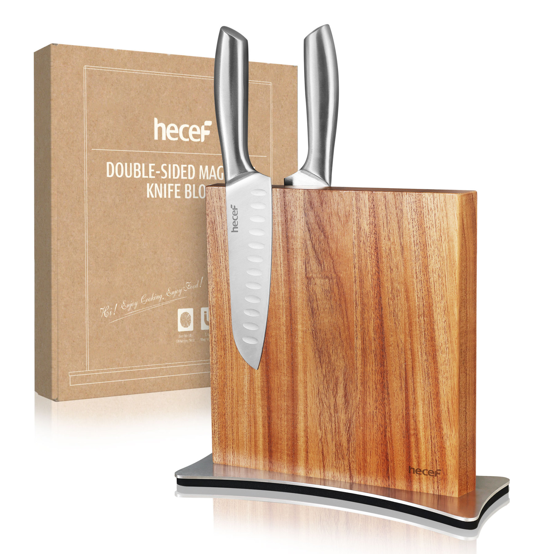 Hecef Double-Sided Magnetic Knife Block, Chinaberry Wood Knife Holder with Stainless Steel Base