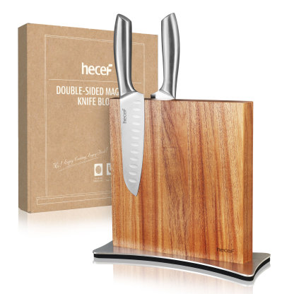 Hecef Double-Sided Magnetic Knife Block, Chinaberry Wood Knife Holder with Stainless Steel Base