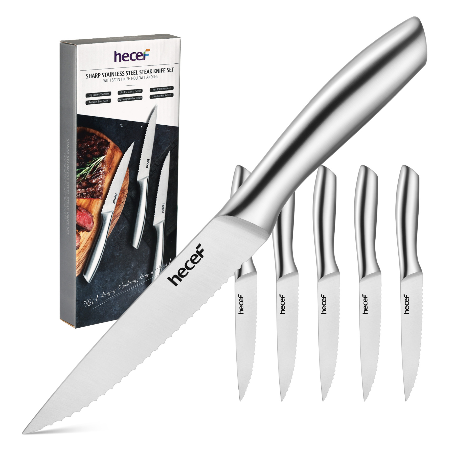 Hecef 6PCS All-steel Steak Knives, 5-inch High-carbon Stainless Steel Sharp Serrated Edge Dishwasher safe knives