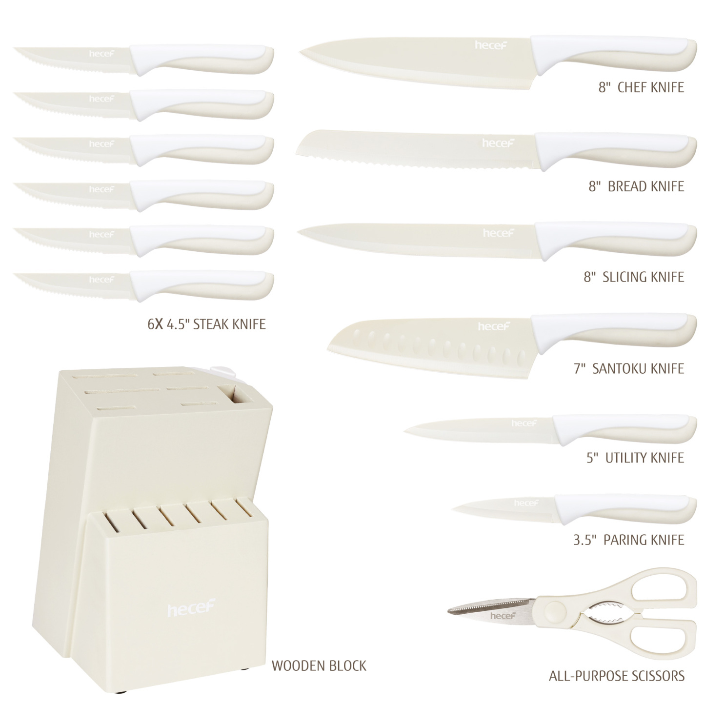 hecef 15PCS Sharp Kitchen Knife Set with Built-in Sharpening Wooden Block Dishwasher Safe