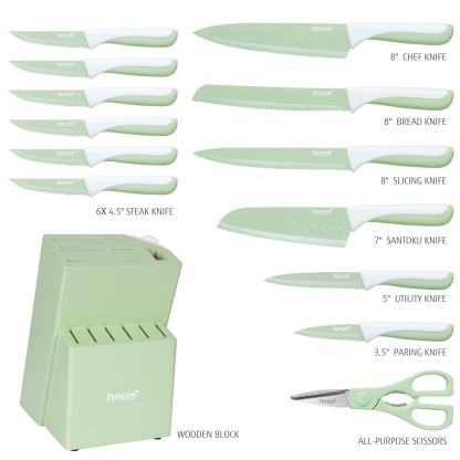 hecef 15PCS Sharp Kitchen Knife Set with Built-in Sharpening Wooden Block Dishwasher Safe