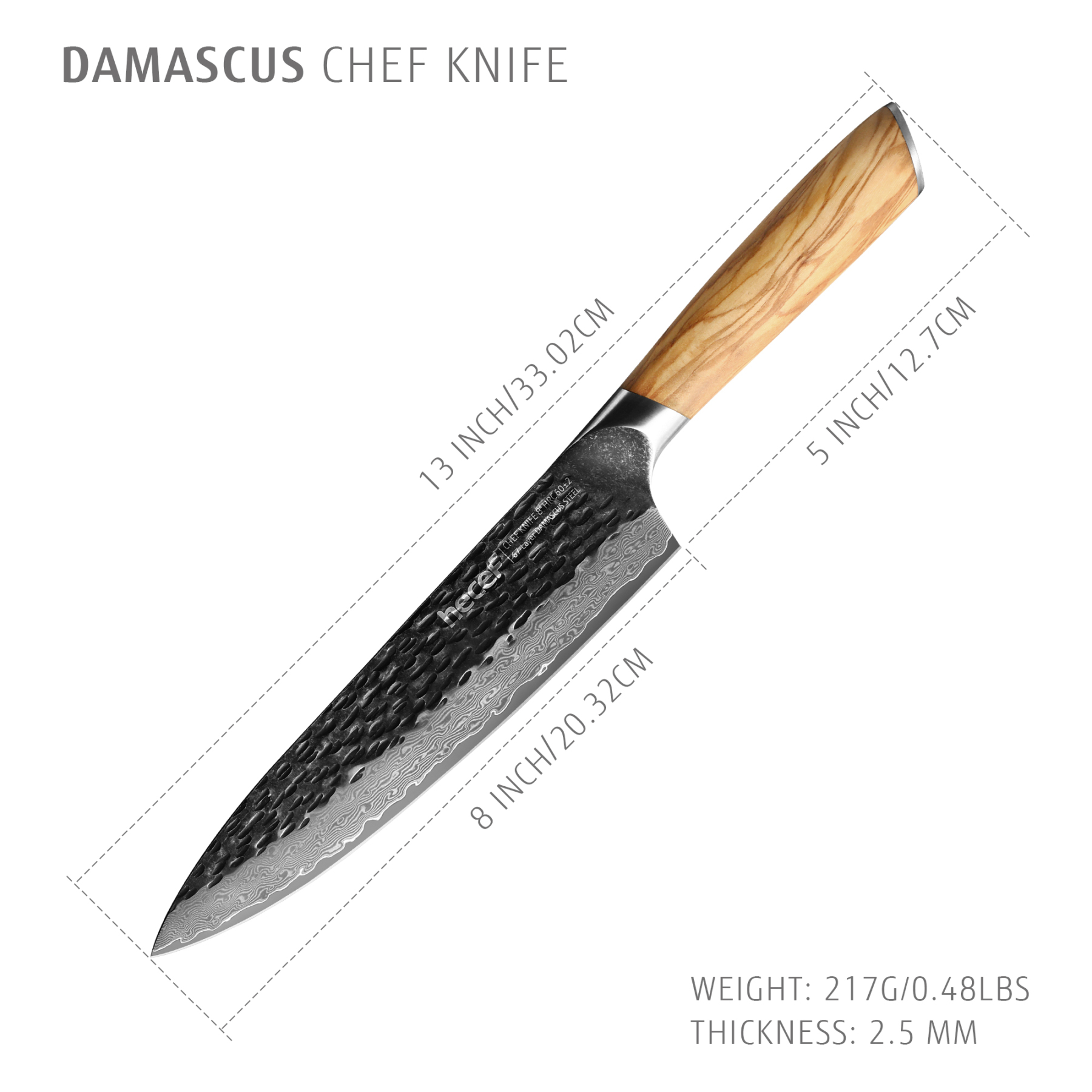 Hecef 8-Inch Japanese Chef Knife, Forged 67-Layer Damascus Steel Ultra Sharp Professional Hammered Carving Knife