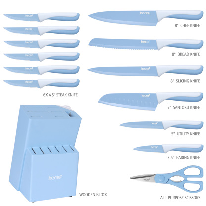 hecef 15PCS Sharp Kitchen Knife Set with Built-in Sharpening Wooden Block Dishwasher Safe