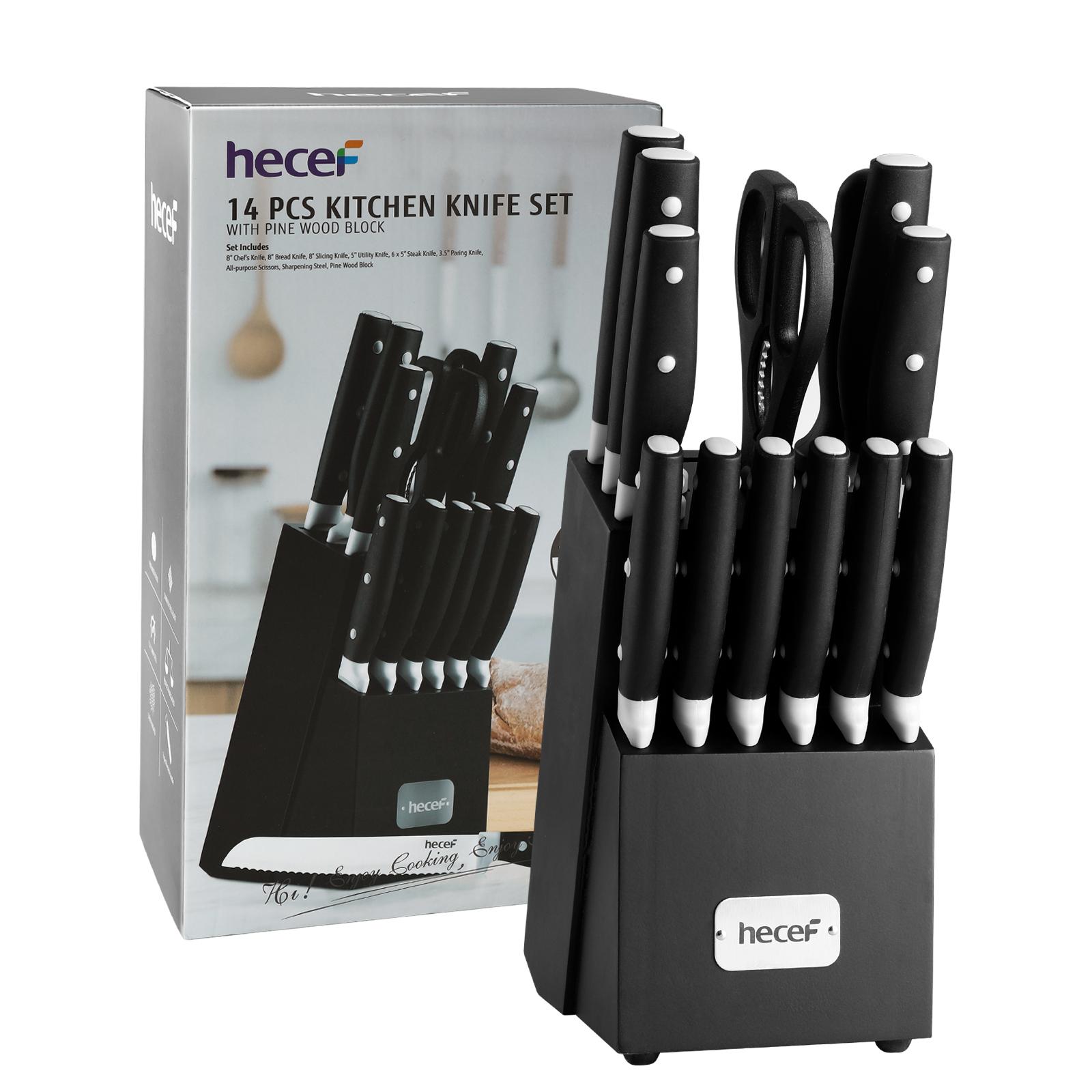 Hecef 14-Piece Black Knife Set with Block, Ultra-Sharp Stainless Steel Kitchen Knives with Comfortable Grip