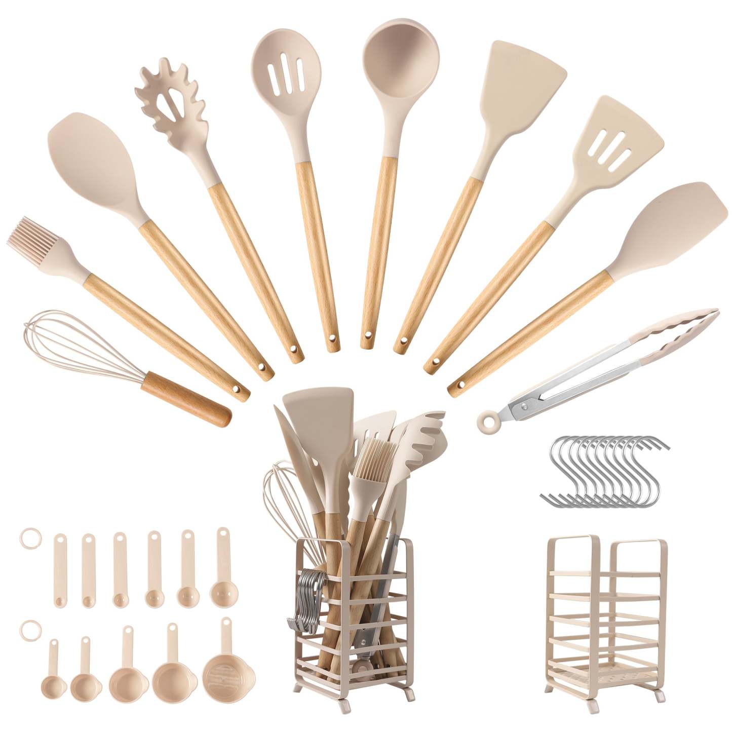 Hecef 32 PCS Kitchen Utensils Set, Silicone Cooking Utensils Set with Stainless Steel Holder, 446°F Heat Resistant Food Grade Kitchen Gadgets Tools Set Wooden Handle for Nonstick Cookware - Hecef Kitchen