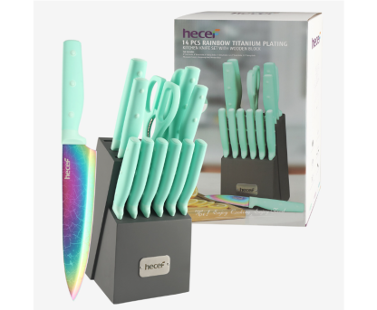 Hecef Dishwasher Safe Knife Block Set, Rainbow Titanium Coated Kitchen Knives Set with Scissors, Steak Knives