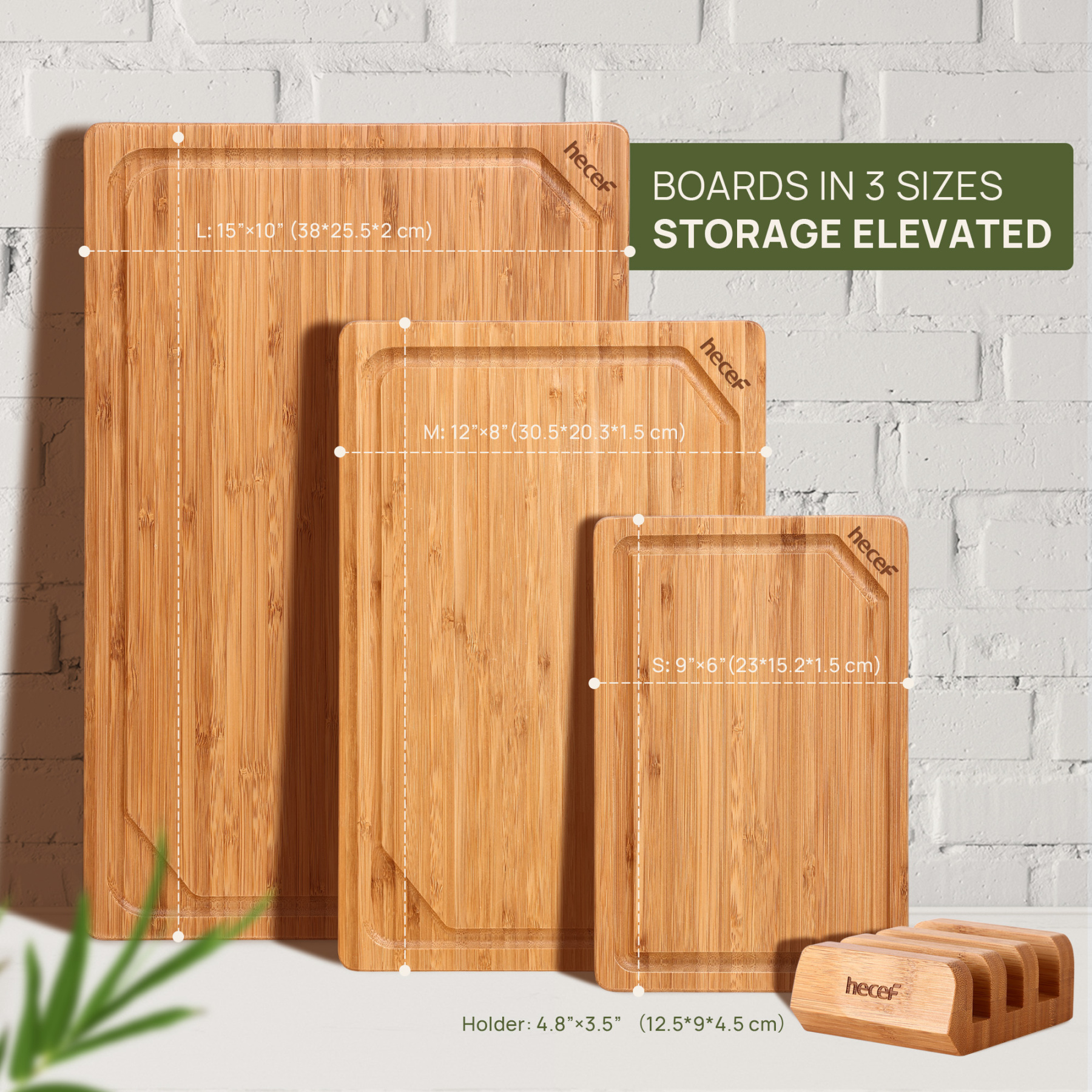 Hecef Carbonized Bamboo Cutting Board Set With Stand, 3 Reversible Chopping And Serving Boards, 15 Inch