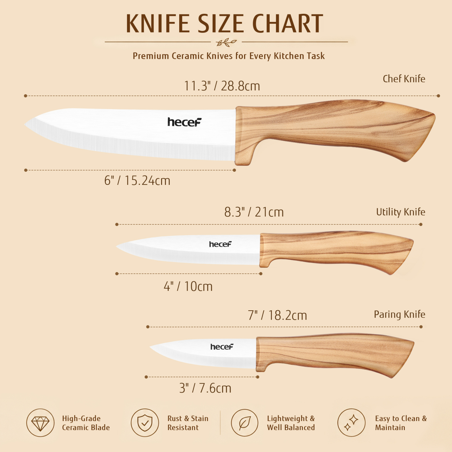 Hecef 3 Piece Ceramic Knife Set With Blade Covers, Ergonomic Wood Grain Handles