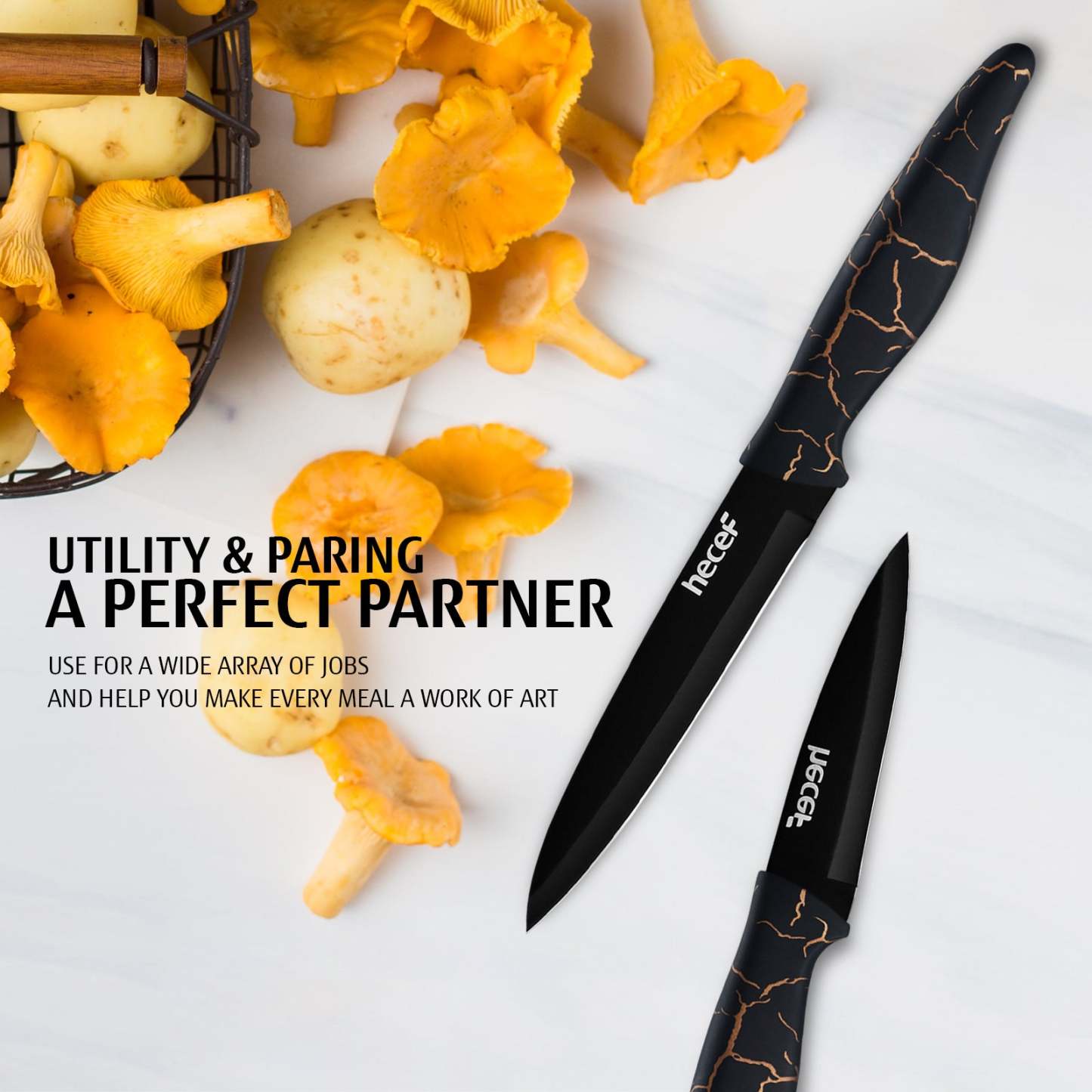 hecef 5 PCS Non-stick Coated Kitchen Knife Set with PP Handle and Protective Sheath, Exclusive Black Chef knife set, Scratch Resistance & Rust Proof (Lightning pattern) - Hecef Kitchen