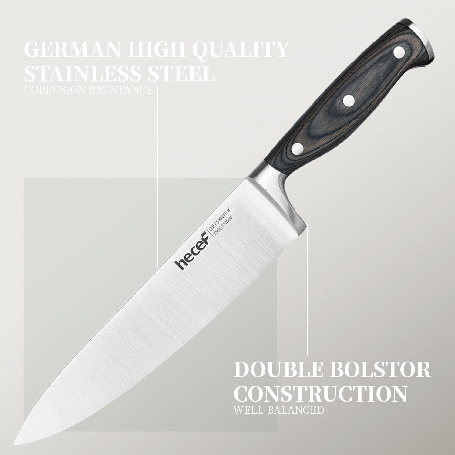 Hecef 3-Piece Professional Kitchen Knife Set, German Steel Extra Sharp Chef Knife Set