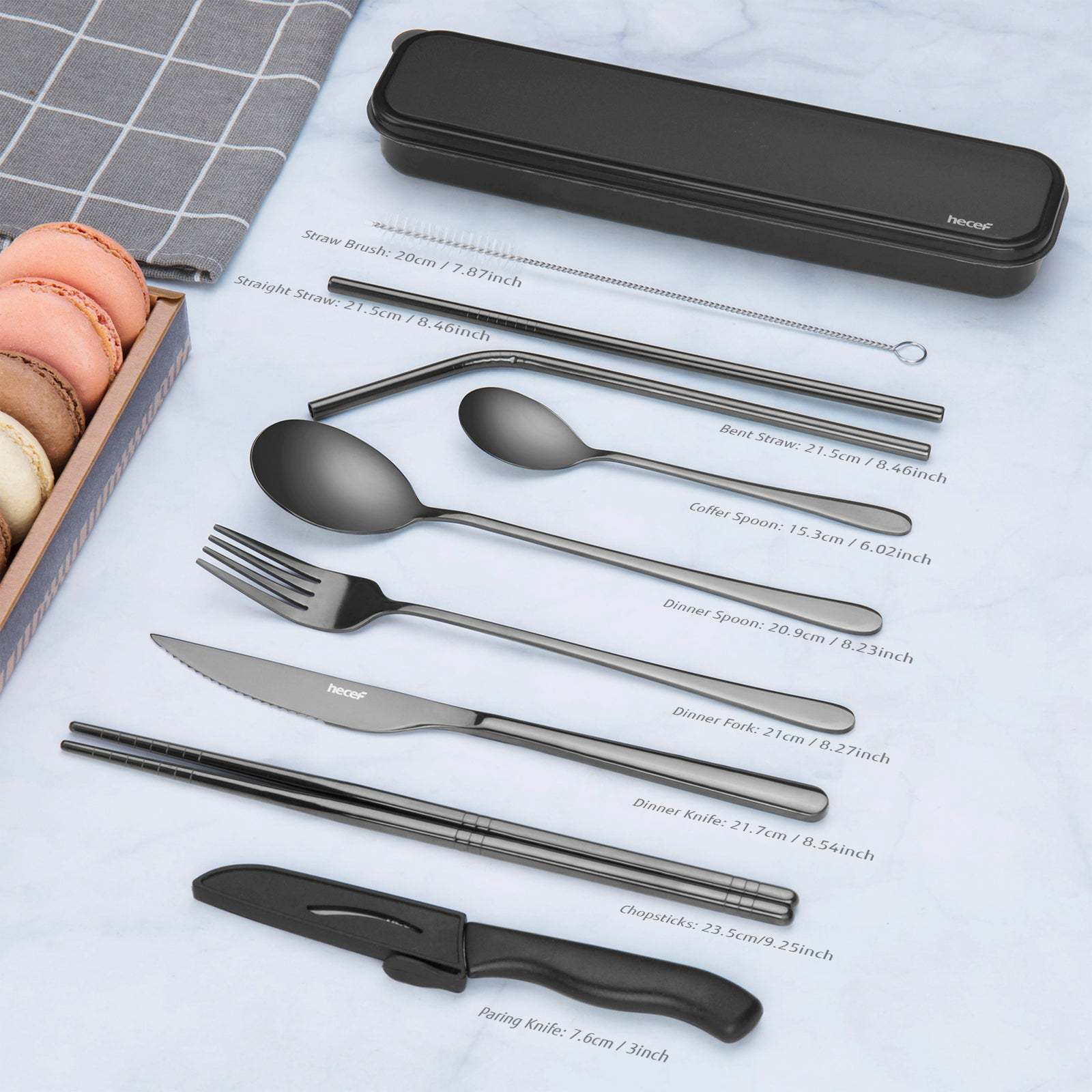 hecef 11 PCS Black Titanium Plating Travel Cutlery Set with Compact Carrying Box& Bag, Reusable Stainless Steel Utensils, Handy Flatware Set for Work, School, Camping and Travel (Black) - Hecef Kitchen