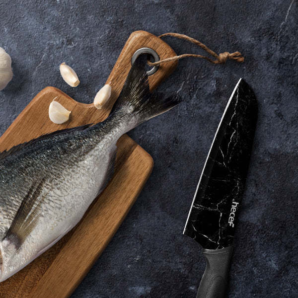 hecef Marble Pattern Kitchen Knife Set of 5, Premium Stainless Steel Blade with Ergonomic Handle(PP+TPR Material)includes Santoku, Chef, Bread, Utility and Paring Knife - Hecef Kitchen