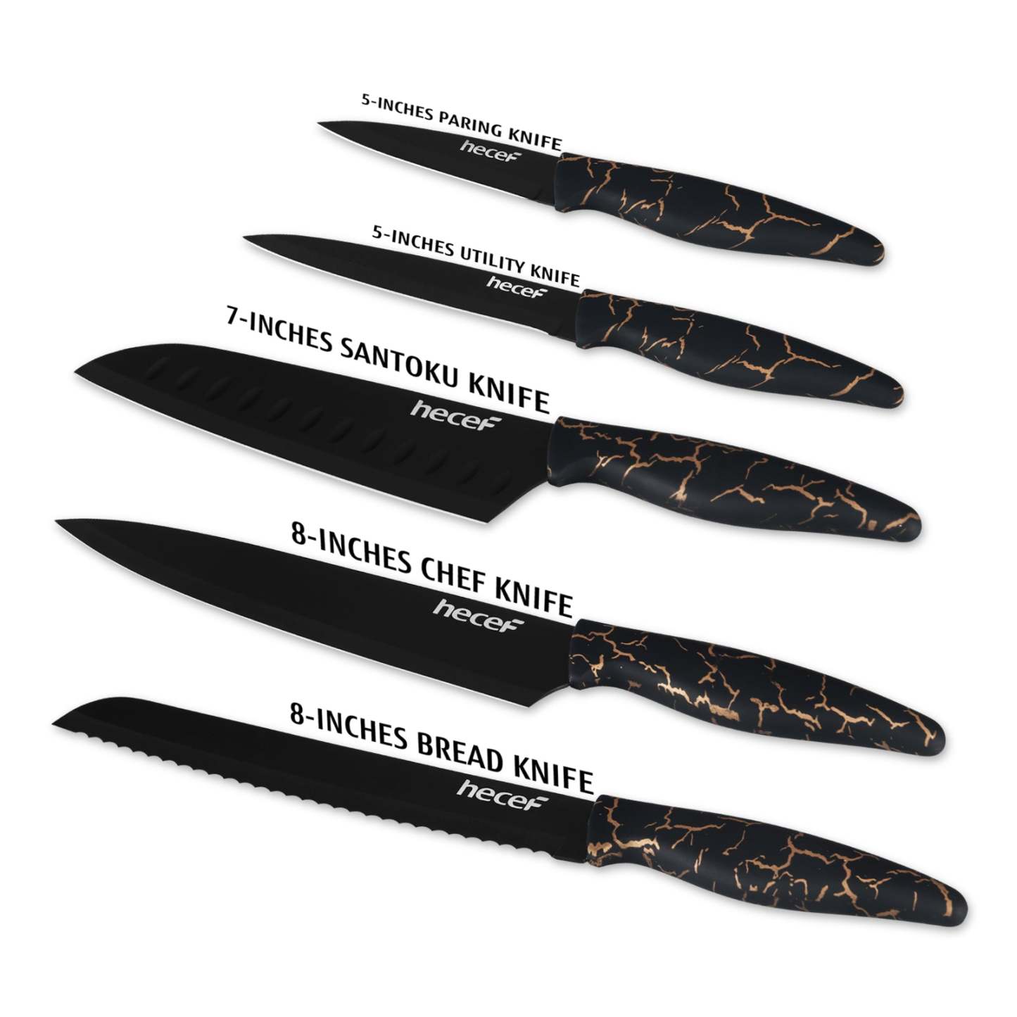 hecef 5 PCS Non-stick Coated Kitchen Knife Set with PP Handle and Protective Sheath, Exclusive Black Chef knife set, Scratch Resistance & Rust Proof (Lightning pattern) - Hecef Kitchen