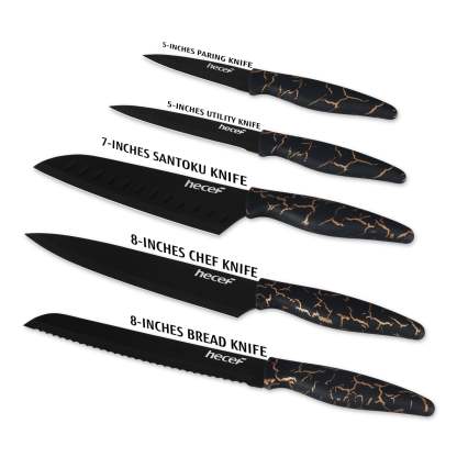 hecef 5 PCS Non-stick Coated Kitchen Knife Set with PP Handle and Protective Sheath, Exclusive Black Chef knife set, Scratch Resistance & Rust Proof (Lightning pattern) - Hecef Kitchen