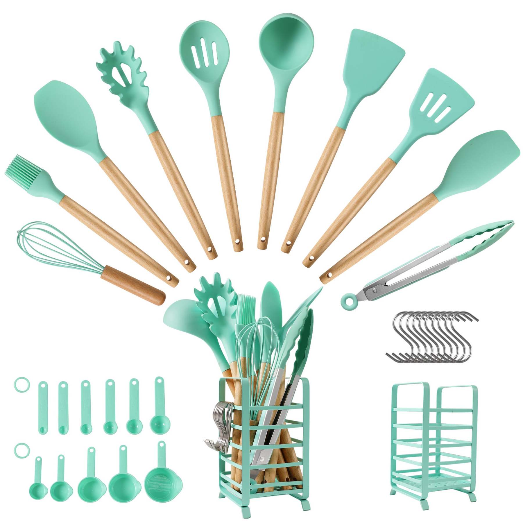Hecef 32 PCS Kitchen Utensils Set, Silicone Cooking Utensils Set with Stainless Steel Holder, 446°F Heat Resistant Food Grade Kitchen Gadgets Tools Set Wooden Handle for Nonstick Cookware - Hecef Kitchen