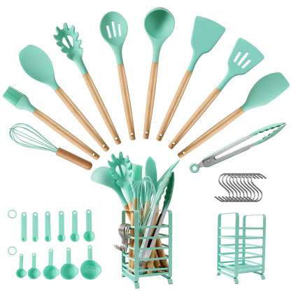 Hecef 32 PCS Kitchen Utensils Set, Silicone Cooking Utensils Set with Stainless Steel Holder, 446°F Heat Resistant Food Grade Kitchen Gadgets Tools Set Wooden Handle for Nonstick Cookware - Hecef Kitchen