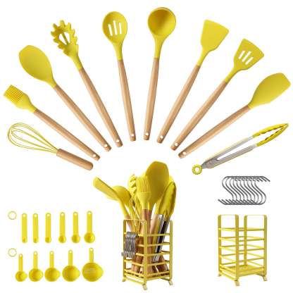 Hecef 32 PCS Kitchen Utensils Set, Silicone Cooking Utensils Set with Stainless Steel Holder, 446°F Heat Resistant Food Grade Kitchen Gadgets Tools Set Wooden Handle for Nonstick Cookware - Hecef Kitchen