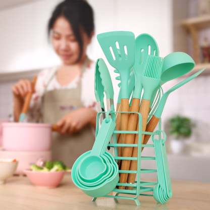 Hecef 32 PCS Kitchen Utensils Set, Silicone Cooking Utensils Set with Stainless Steel Holder, 446°F Heat Resistant Food Grade Kitchen Gadgets Tools Set Wooden Handle for Nonstick Cookware - Hecef Kitchen