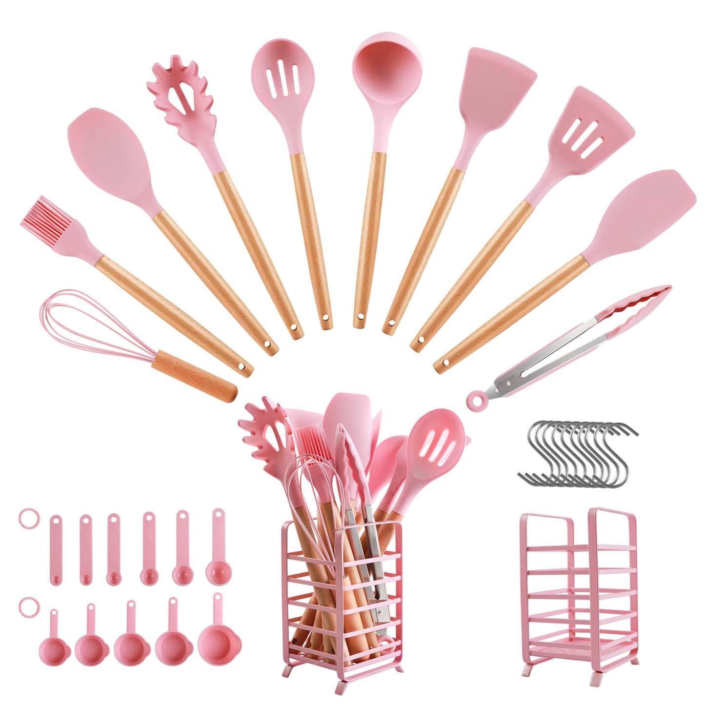 Hecef 32 PCS Kitchen Utensils Set, Silicone Cooking Utensils Set with Stainless Steel Holder, 446°F Heat Resistant Food Grade Kitchen Gadgets Tools Set Wooden Handle for Nonstick Cookware - Hecef Kitchen