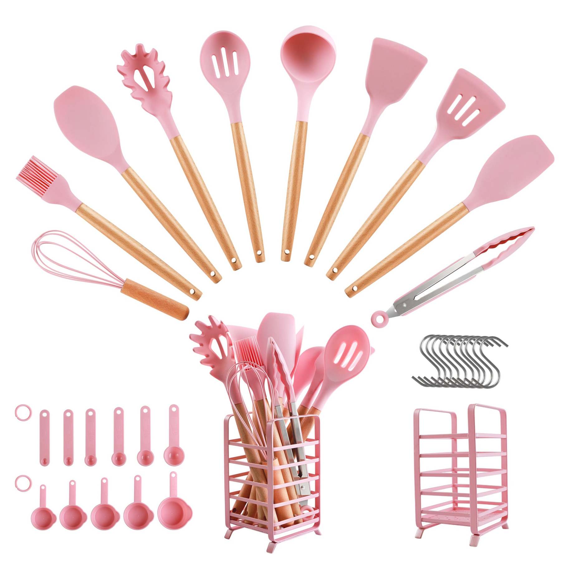 Hecef 32 PCS Kitchen Utensils Set, Silicone Cooking Utensils Set with Stainless Steel Holder, 446°F Heat Resistant Food Grade Kitchen Gadgets Tools Set Wooden Handle for Nonstick Cookware - Hecef Kitchen