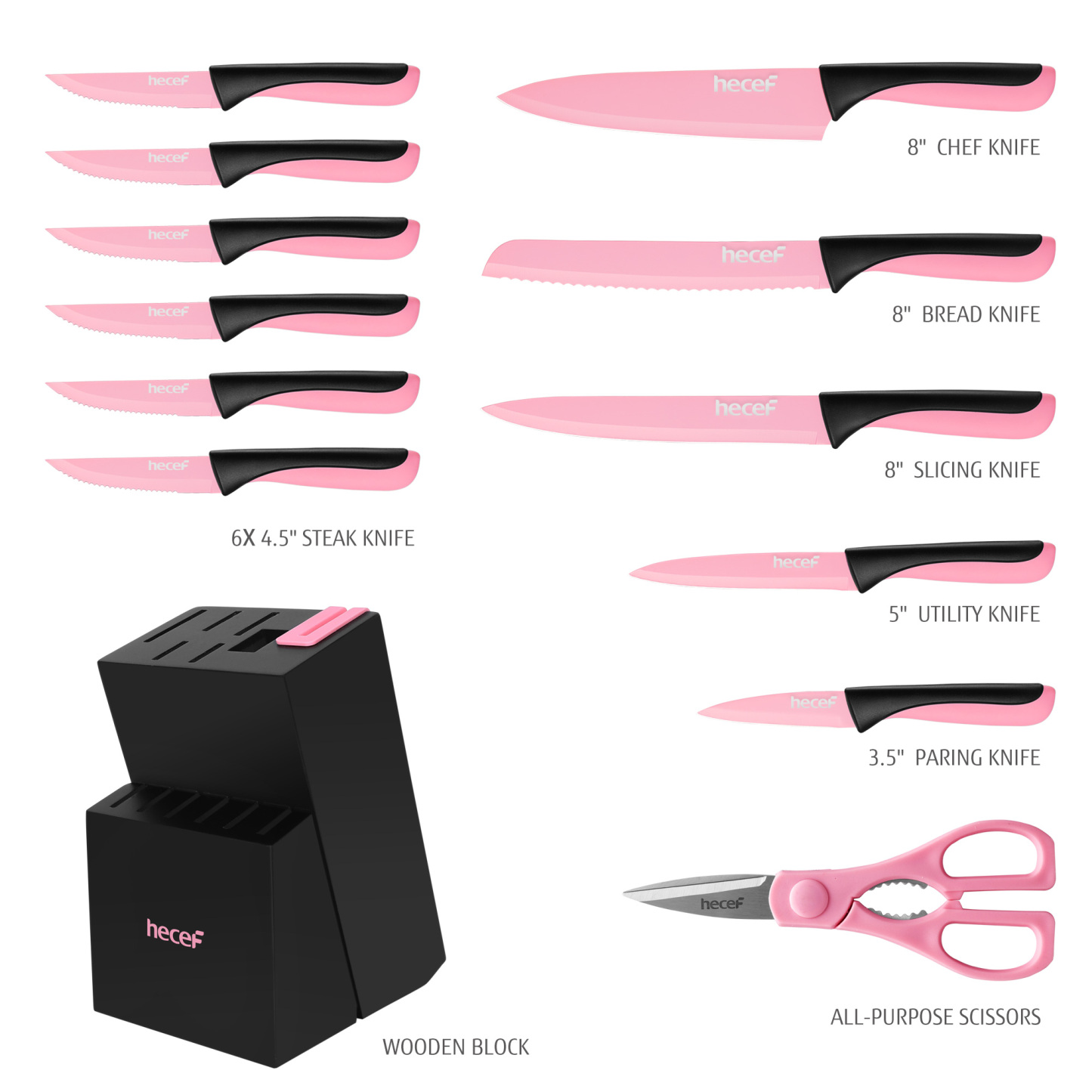 hecef 13 Pieces Kitchen Knife Set with Built-in Sharpening Wooden Block, High Carbon Stainless Steel Knife Block Set with Steak Knives, Kitchen Scissors