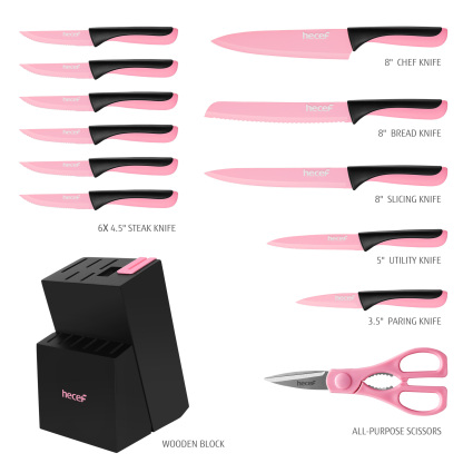 hecef 13 Pieces Kitchen Knife Set with Built-in Sharpening Wooden Block, High Carbon Stainless Steel Knife Block Set with Steak Knives, Kitchen Scissors