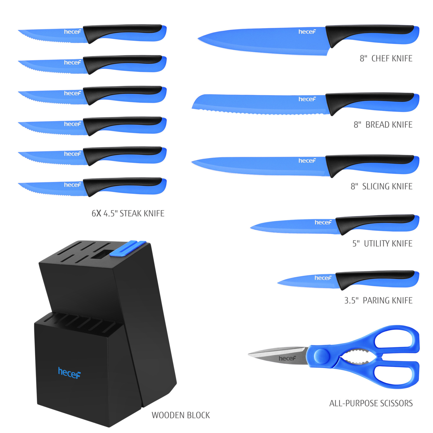 hecef 13 Pieces Kitchen Knife Set with Built-in Sharpening Wooden Block, High Carbon Stainless Steel Knife Block Set with Steak Knives, Kitchen Scissors