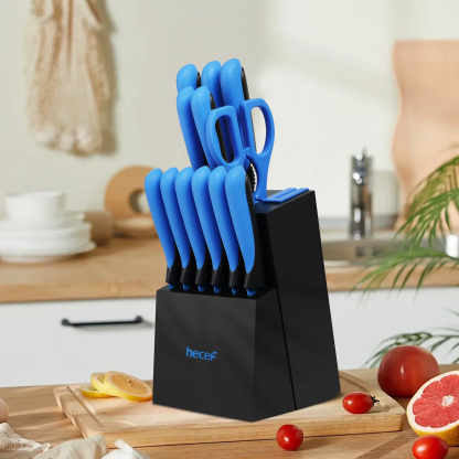 hecef 13 Pieces Kitchen Knife Set with Built-in Sharpening Wooden Block, High Carbon Stainless Steel Knife Block Set with Steak Knives, Kitchen Scissors