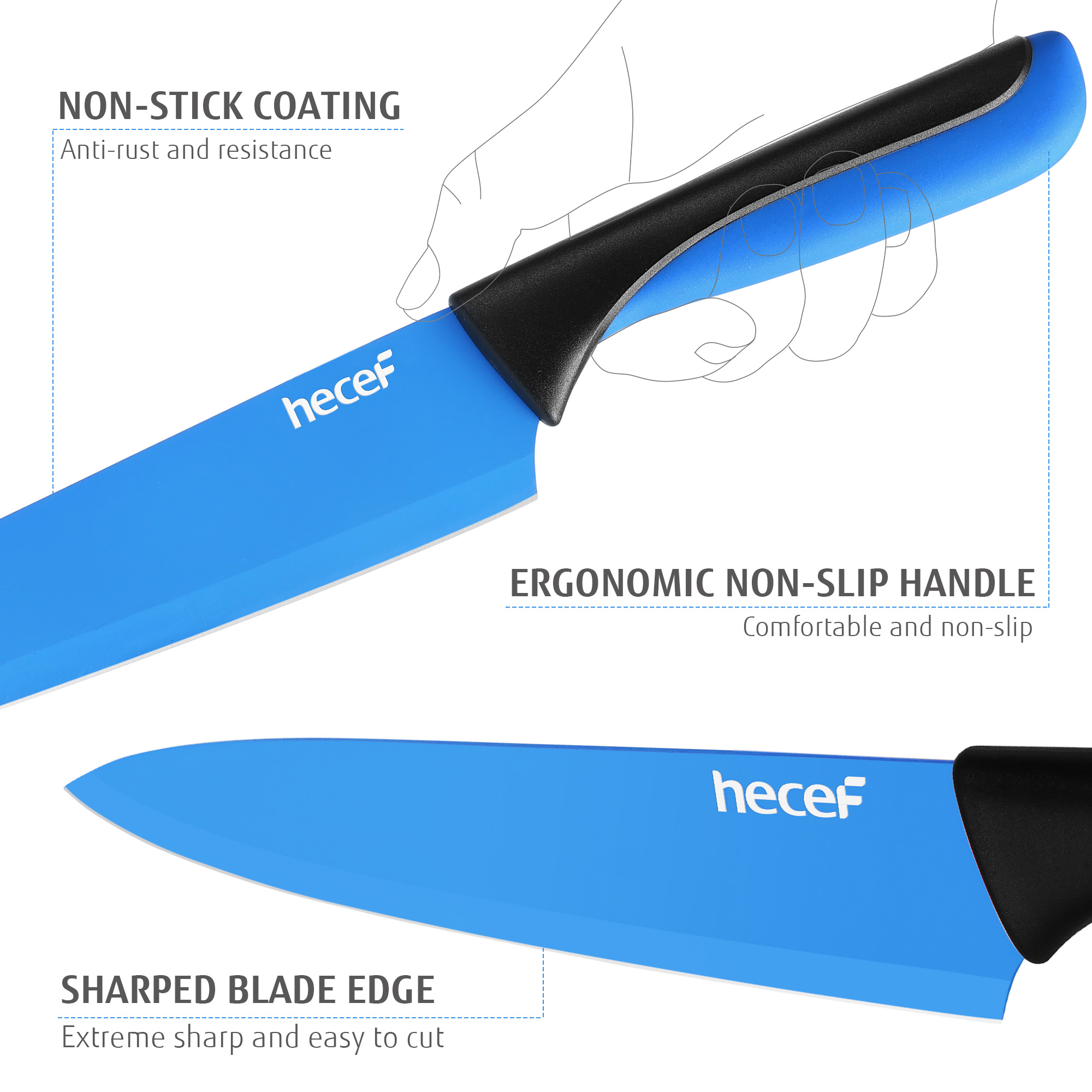 hecef 13 Pieces Kitchen Knife Set with Built-in Sharpening Wooden Block, High Carbon Stainless Steel Knife Block Set with Steak Knives, Kitchen Scissors