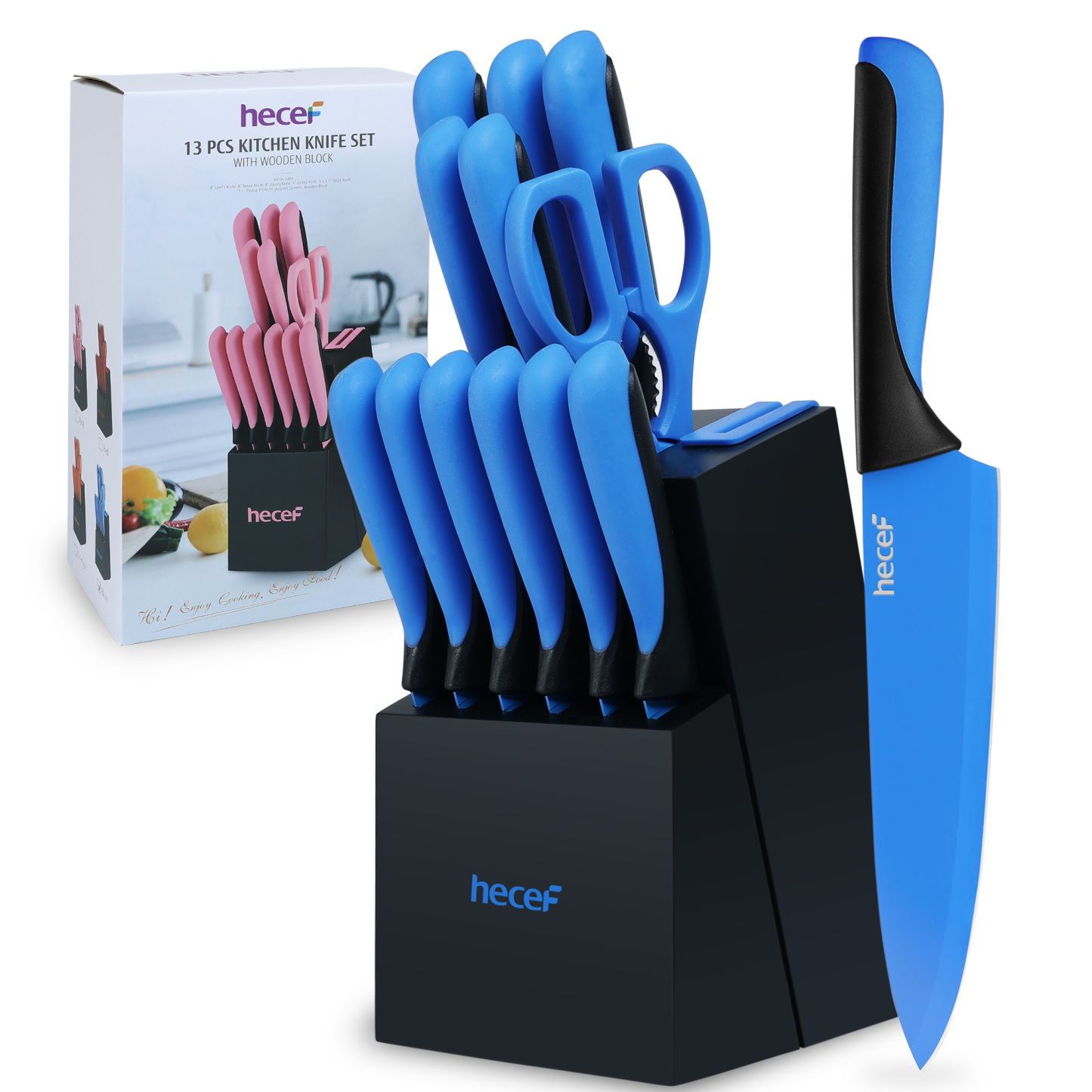 hecef 13 Pieces Kitchen Knife Set with Built-in Sharpening Wooden Block, High Carbon Stainless Steel Knife Block Set with Steak Knives, Kitchen Scissors