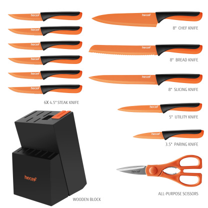 hecef 13 Pieces Kitchen Knife Set with Built-in Sharpening Wooden Block, High Carbon Stainless Steel Knife Block Set with Steak Knives, Kitchen Scissors