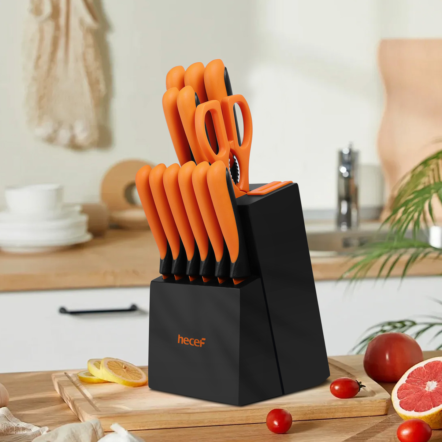 hecef 13 Pieces Kitchen Knife Set with Built-in Sharpening Wooden Block, High Carbon Stainless Steel Knife Block Set with Steak Knives, Kitchen Scissors