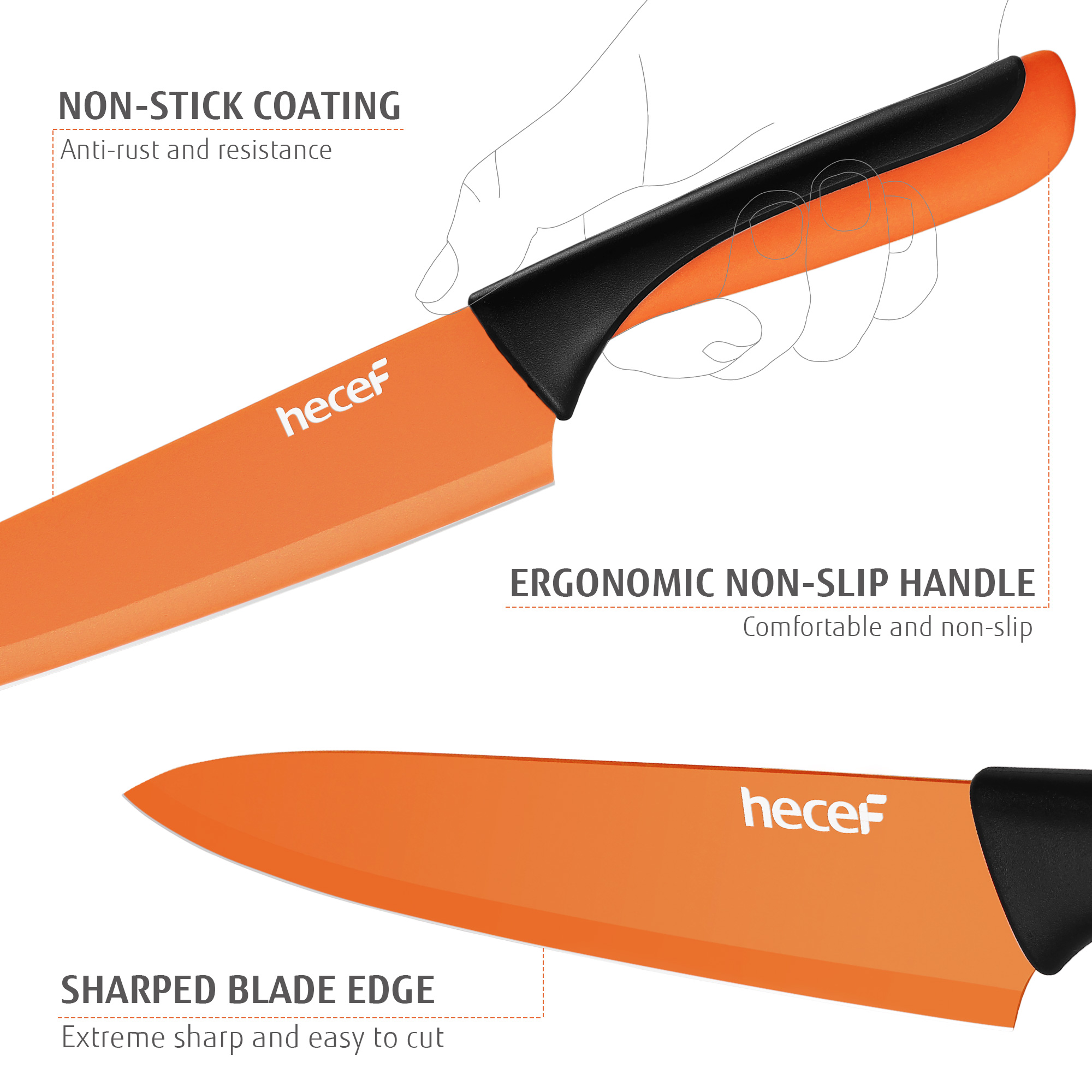 hecef 13 Pieces Kitchen Knife Set with Built-in Sharpening Wooden Block, High Carbon Stainless Steel Knife Block Set with Steak Knives, Kitchen Scissors