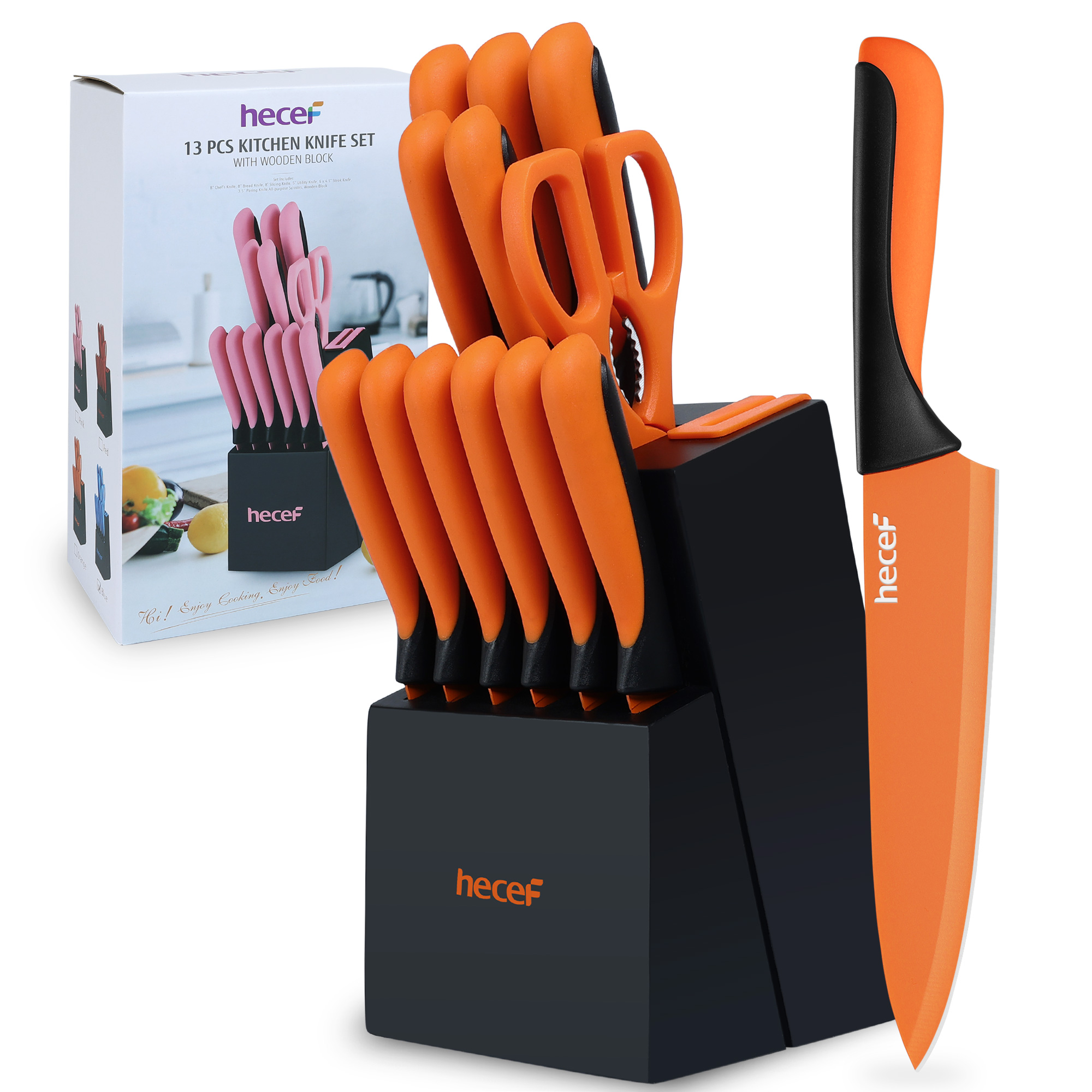 hecef 13 Pieces Kitchen Knife Set with Built-in Sharpening Wooden Block, High Carbon Stainless Steel Knife Block Set with Steak Knives, Kitchen Scissors