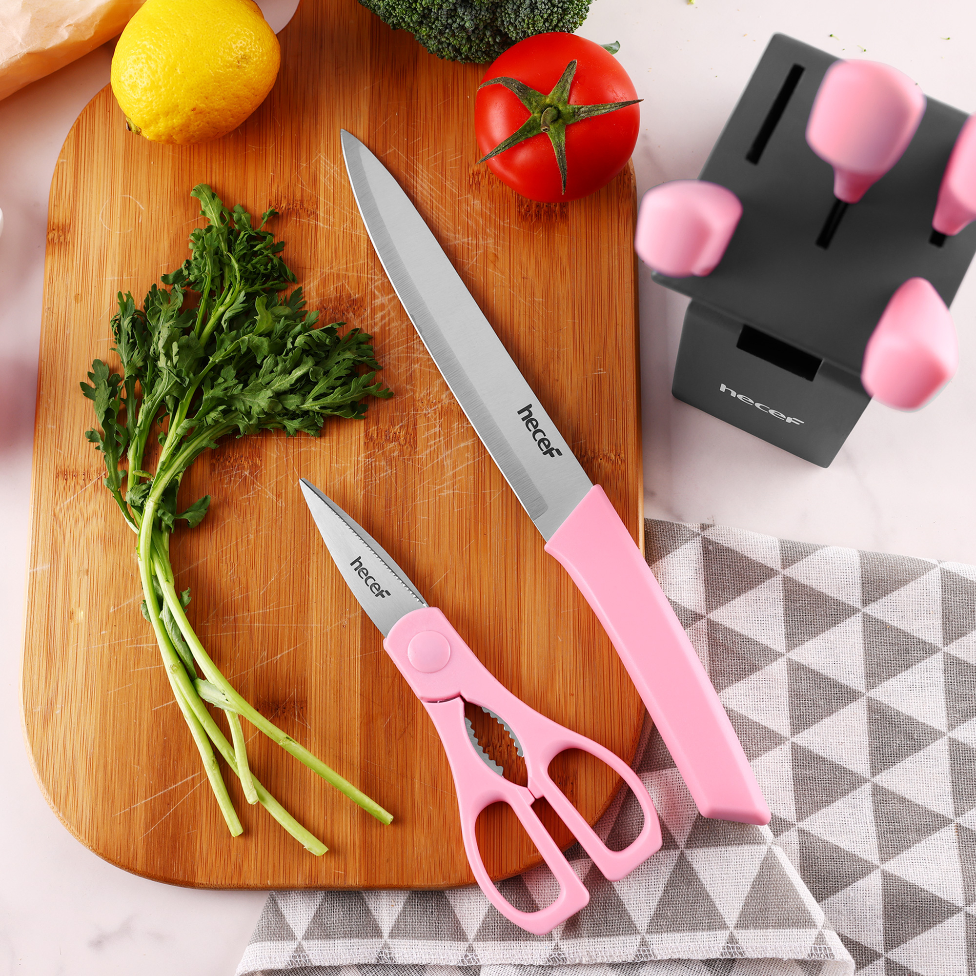 hecef 7-Piece Knife Block Set with Sharp and Non-stick Stainless Steel Blade and Ergonomic Handle 
