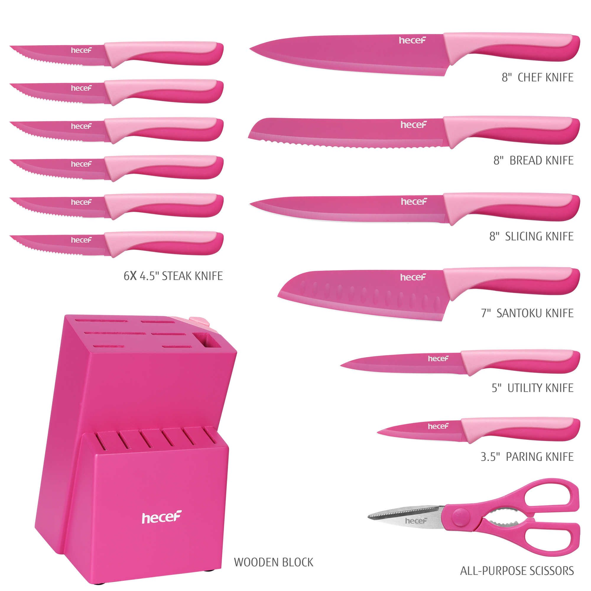hecef 15PCS Sharp Kitchen Knife Set with Built-in Sharpening Wooden Block Dishwasher Safe
