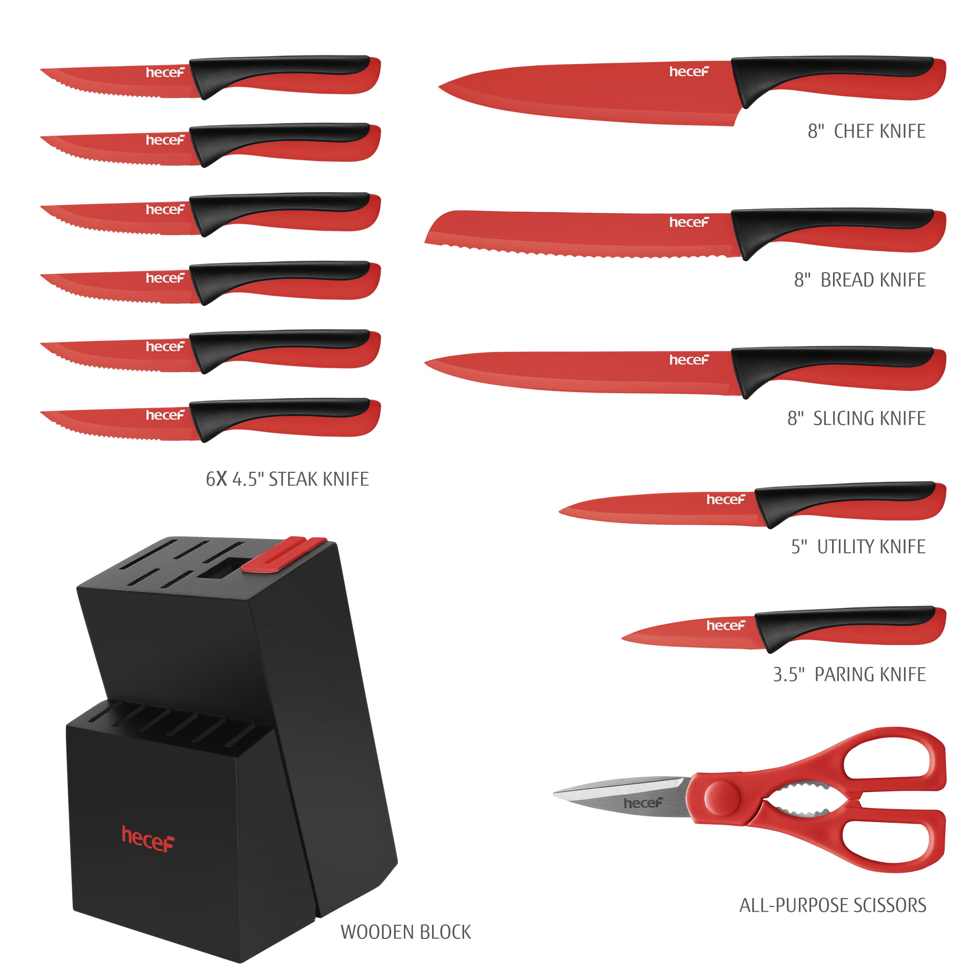 hecef 13 Pieces Kitchen Knife Set with Built-in Sharpening Wooden Block, High Carbon Stainless Steel Knife Block Set with Steak Knives, Kitchen Scissors
