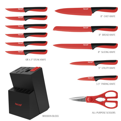 hecef 13 Pieces Kitchen Knife Set with Built-in Sharpening Wooden Block, High Carbon Stainless Steel Knife Block Set with Steak Knives, Kitchen Scissors