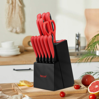 hecef 13 Pieces Kitchen Knife Set with Built-in Sharpening Wooden Block, High Carbon Stainless Steel Knife Block Set with Steak Knives, Kitchen Scissors