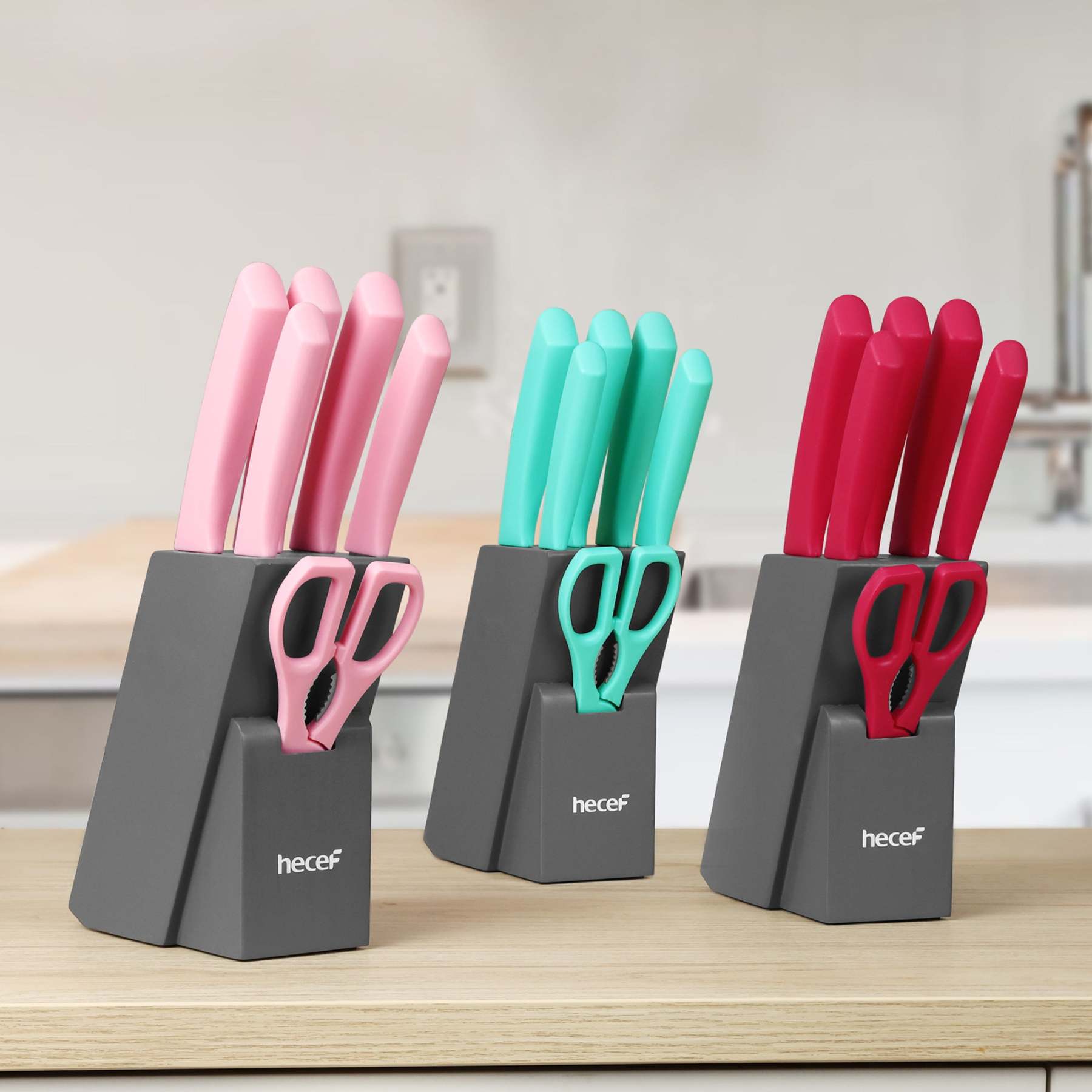 Hecef 12 Pieces Kitchen Knife Block Set,Knife Set with Wooden Block & Steak Knives Set, Lightweight and Strong High Carbon Stainless Steel Cutlery Set, Extended Handle Design - Hecef Kitchen