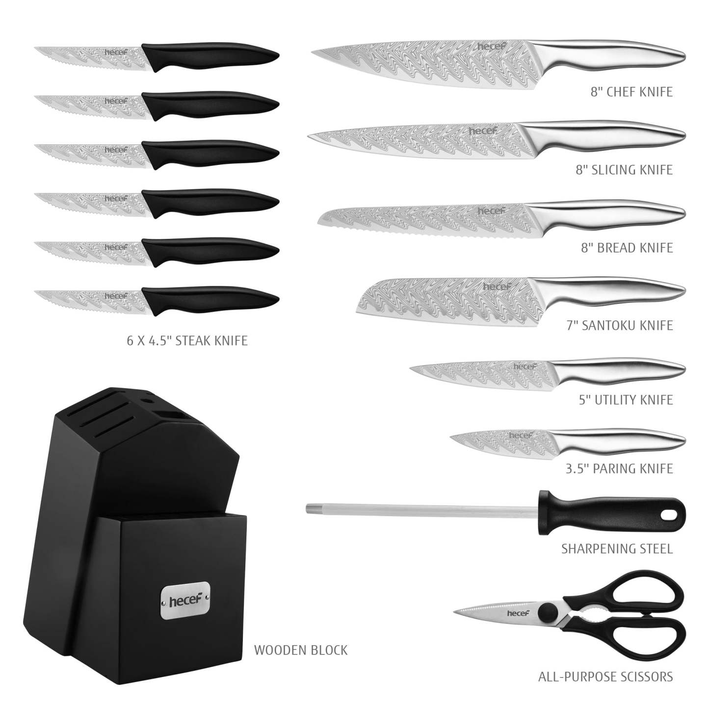 hecef Damascus Style Kitchen Knife Set with Patented Handle, 15 Pieces High Carbon Stainless Steel Chef Knives Set with Wooden Block, Steak Knives, Scissors, Sharpening Steel - Hecef Kitchen