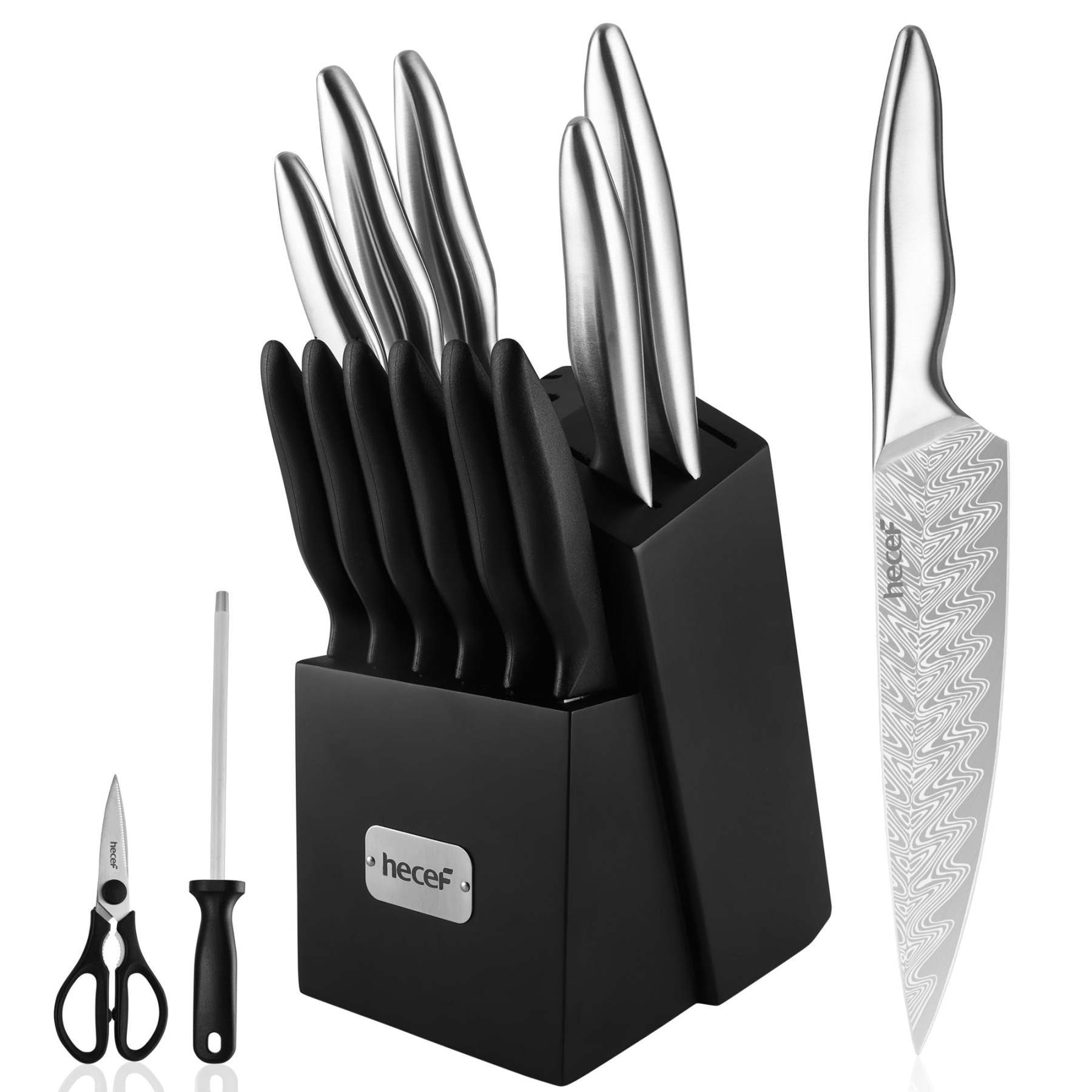 hecef Damascus Style Kitchen Knife Set with Patented Handle, 15 Pieces High Carbon Stainless Steel Chef Knives Set with Wooden Block, Steak Knives, Scissors, Sharpening Steel - Hecef Kitchen