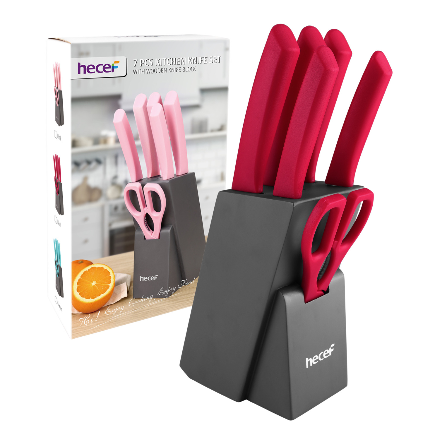 hecef 7-Piece Knife Block Set with Sharp and Non-stick Stainless Steel Blade and Ergonomic Handle