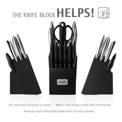 hecef Damascus Style Kitchen Knife Set with Patented Handle, 15 Pieces High Carbon Stainless Steel Chef Knives Set with Wooden Block, Steak Knives, Scissors, Sharpening Steel - Hecef Kitchen