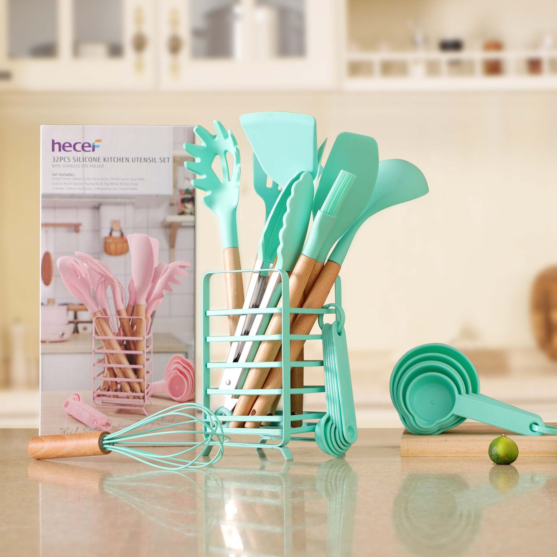 Hecef 32 PCS Kitchen Utensils Set, Silicone Cooking Utensils Set with Stainless Steel Holder, 446°F Heat Resistant Food Grade Kitchen Gadgets Tools Set Wooden Handle for Nonstick Cookware - Hecef Kitchen