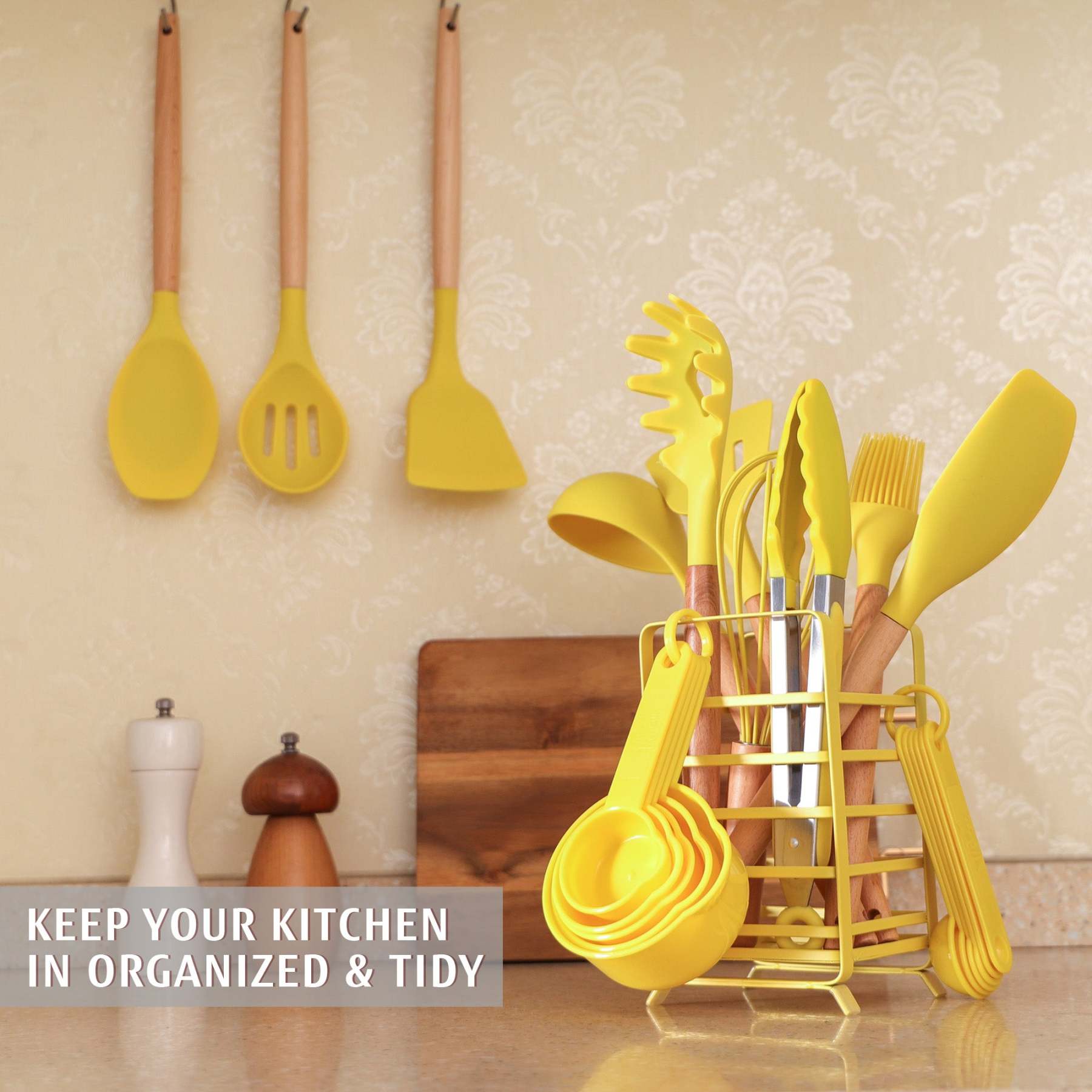 Hecef 32 PCS Kitchen Utensils Set, Silicone Cooking Utensils Set with Stainless Steel Holder, 446°F Heat Resistant Food Grade Kitchen Gadgets Tools Set Wooden Handle for Nonstick Cookware - Hecef Kitchen